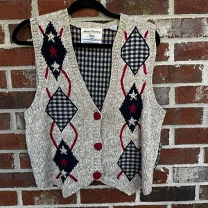 Marisa Christina HandKnit Vest Argyle Diamond Sweater Patriotic Americana Medium